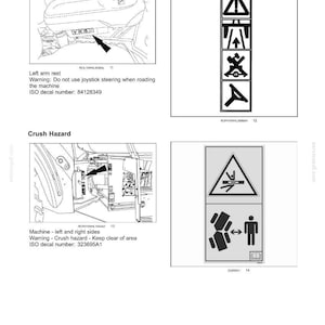 May include: Diagrams and safety information for machinery. Includes illustrations of a joystick steering system, warning symbols, and crush hazard warnings. Text includes ISO decal numbers and safety instructions.