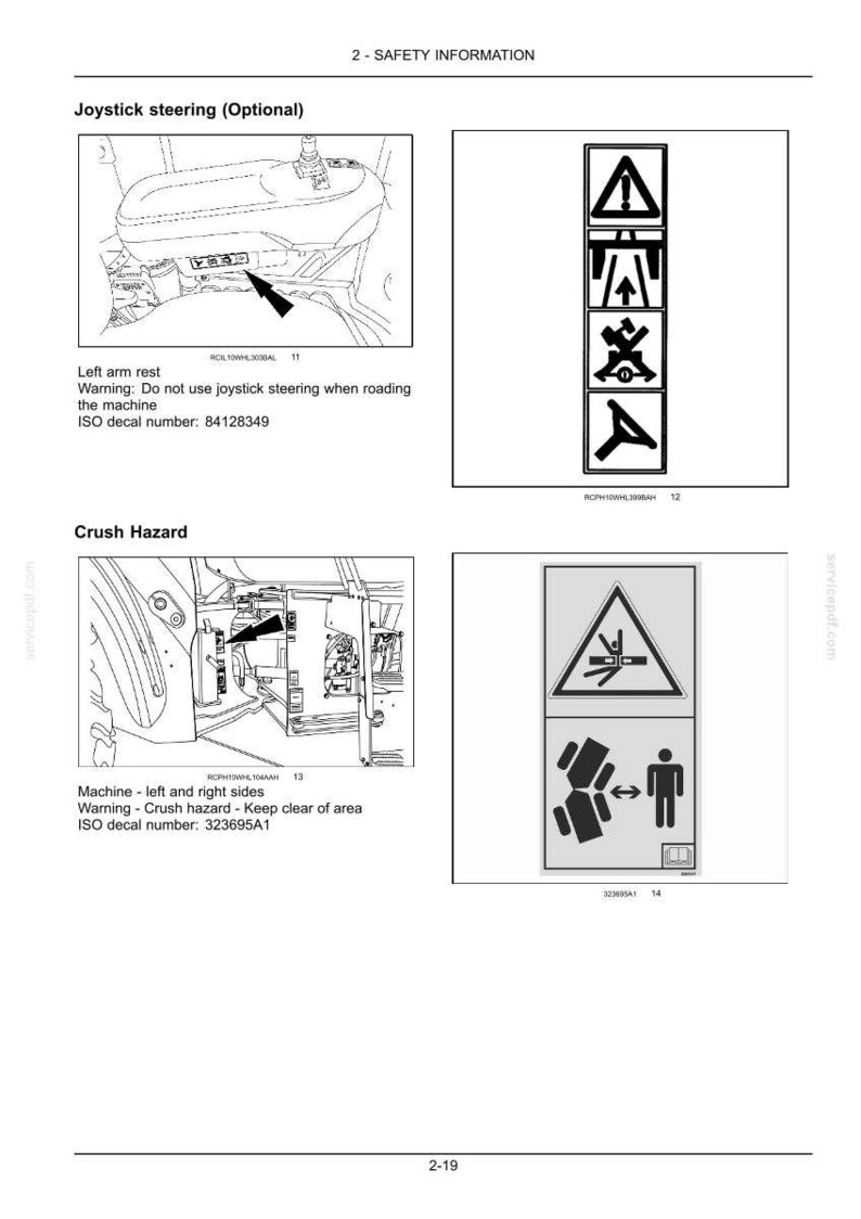 May include: Diagrams and safety information for machinery. Includes illustrations of a joystick steering system, warning symbols, and crush hazard warnings. Text includes ISO decal numbers and safety instructions.