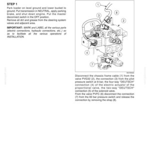 May include: A technical diagram titled ELECTRICAL SYSTEM FOR JOYSTICK STEERING SYSTEM showing removal steps for a hydraulic valve assembly. The illustration includes numbered components from 1 to 8, with text instructions for disconnecting cables and connections.