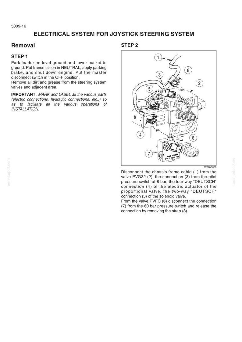 May include: A technical diagram titled ELECTRICAL SYSTEM FOR JOYSTICK STEERING SYSTEM showing removal steps for a hydraulic valve assembly. The illustration includes numbered components from 1 to 8, with text instructions for disconnecting cables and connections.