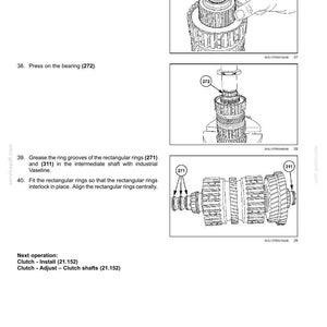 Op de afbeelding: Een pagina uit een technisch handboek getiteld Transmission - Semi-Powershift transmission internal components. Het bevat drie zwart-wit lijntekeningen die de installatie tonen van een schijfhouder 273, een lager 272 en rechthoekige ringen 271 en 311.