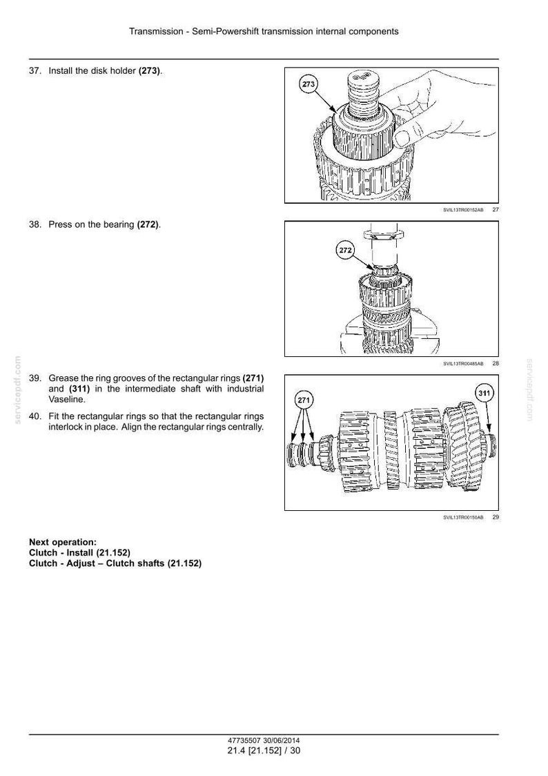 Op de afbeelding: Een pagina uit een technisch handboek getiteld Transmission - Semi-Powershift transmission internal components. Het bevat drie zwart-wit lijntekeningen die de installatie tonen van een schijfhouder 273, een lager 272 en rechthoekige ringen 271 en 311.