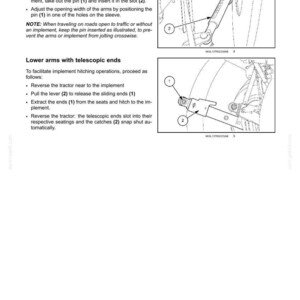 Puede incluir: Una p&aacute;gina de manual t&eacute;cnico titulada 6-WORKING OPERATIONS que presenta dibujos lineales en blanco y negro de componentes de tractor. Incluye instrucciones para puntales estabilizadores laterales y brazos inferiores con extremos telesc&oacute;picos, usando etiquetas numeradas 1 y 2.