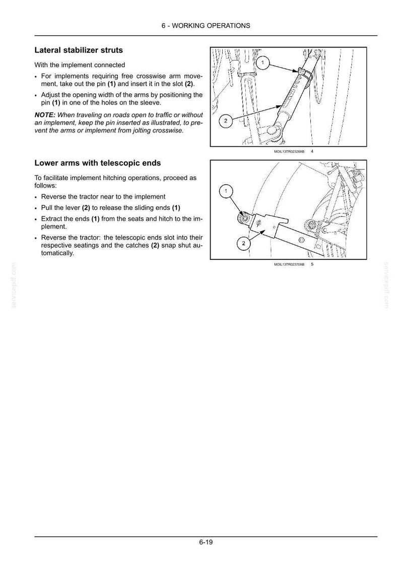 Puede incluir: Una p&aacute;gina de manual t&eacute;cnico titulada 6-WORKING OPERATIONS que presenta dibujos lineales en blanco y negro de componentes de tractor. Incluye instrucciones para puntales estabilizadores laterales y brazos inferiores con extremos telesc&oacute;picos, usando etiquetas numeradas 1 y 2.