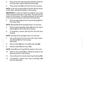 May include: A technical diagram detailing the disassembly of a final drive, including steps for removing covers, bolts, and bearings. The text includes notes and important instructions for the process. The document is dated 2/4/2006.