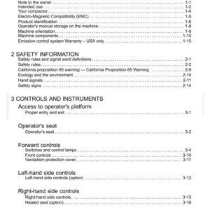May include: A page from a manual titled "Contents" with a list of topics including "General Information", "Safety Information", and "Controls and Instruments". The text is black on a white background.