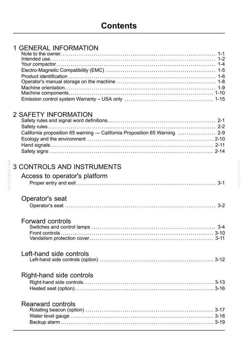 May include: A page from a manual titled "Contents" with a list of topics including "General Information", "Safety Information", and "Controls and Instruments". The text is black on a white background.