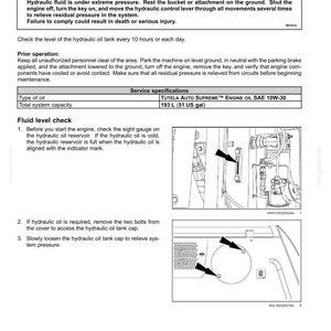 May include: Diagram of hydraulic oil maintenance procedures. Includes warnings about pressurized fluid and instructions for checking fluid levels. Features a sight gauge and tank cap for maintenance.