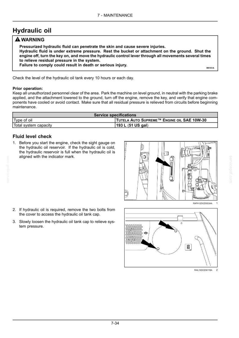 May include: Diagram of hydraulic oil maintenance procedures. Includes warnings about pressurized fluid and instructions for checking fluid levels. Features a sight gauge and tank cap for maintenance.