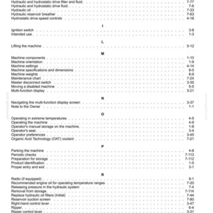 K&ouml;nnte beinhalten: Eine schwarz-wei&szlig;e Indexseite aus einem technischen Handbuch, die Themen alphabetisch von H bis R auflistet. Der Text enth&auml;lt &Uuml;berschriften wie Hand signals, Machine components, Operating the machine und Ripper, jeweils mit Seitenzahlen.