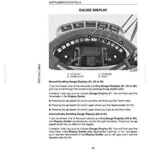 May include: A page from an instruction manual detailing a gauge display. The image shows a diagram of the gauge with labeled components and text explaining the functions of the display, including the up count and down count switches.