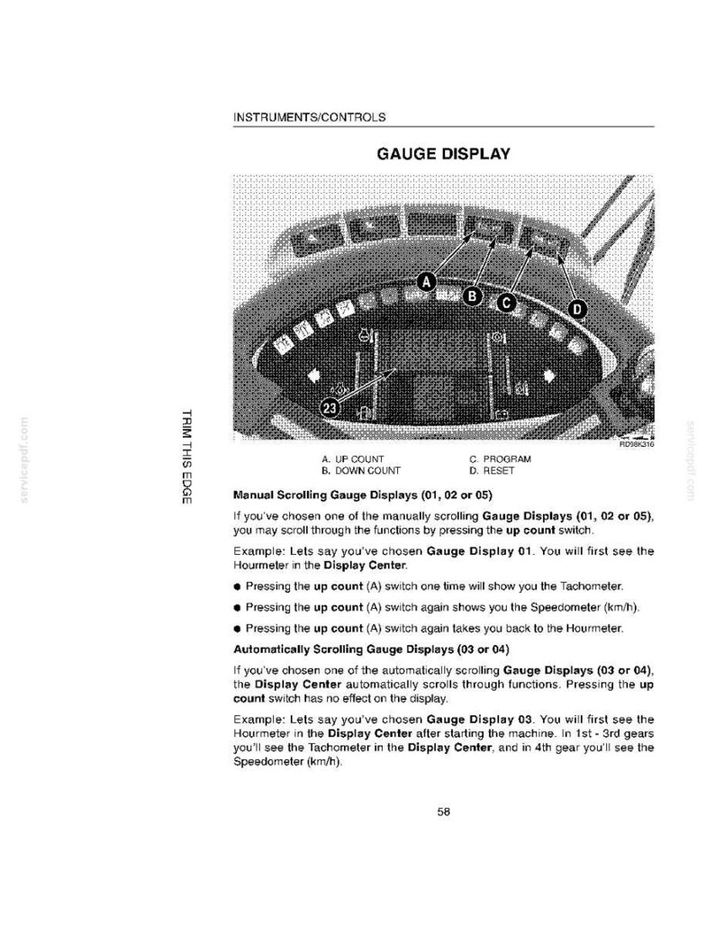 May include: A page from an instruction manual detailing a gauge display. The image shows a diagram of the gauge with labeled components and text explaining the functions of the display, including the up count and down count switches.