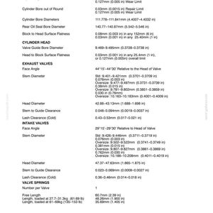 Op de afbeelding: Een technisch document getiteld SECTION 1 - GENERAL INFORMATION met specificaties voor cilinderblokken, cilinderkoppen, uitlaatkleppen, inlaatkleppen en klepveren met afmetingen in zowel millimeters als inches voor onderhoud.