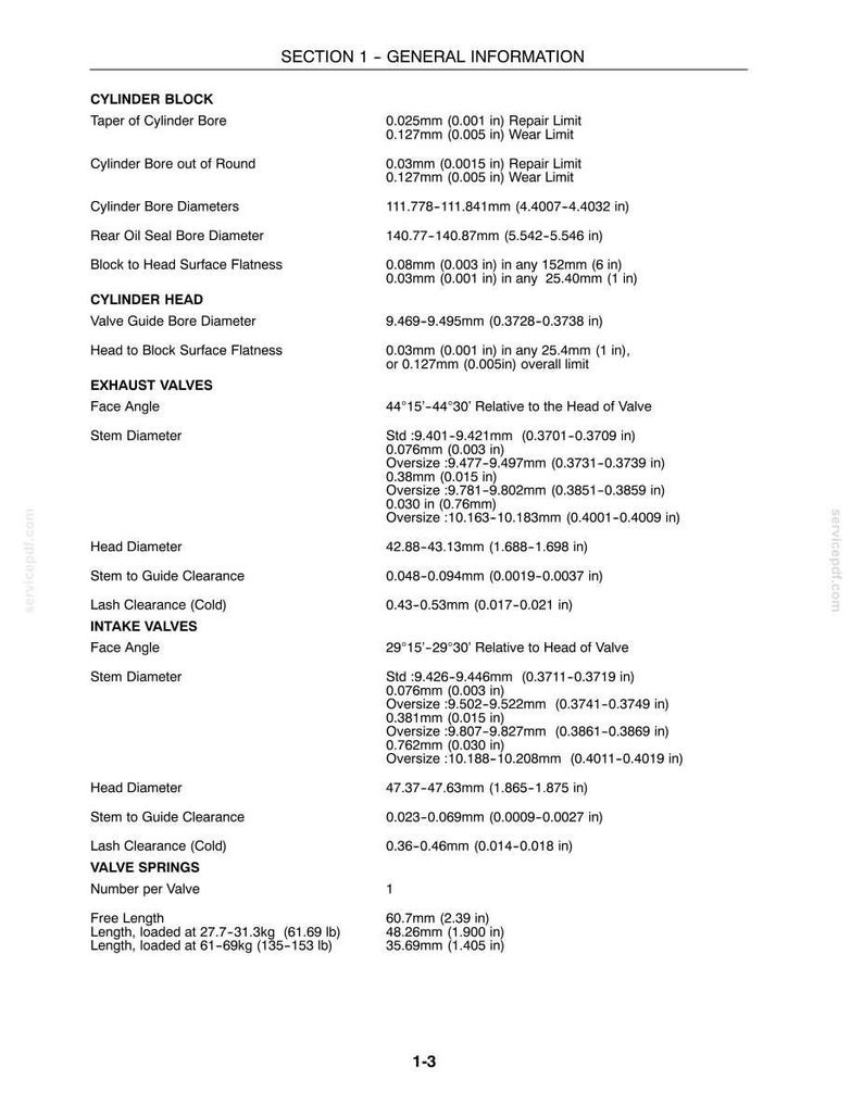Op de afbeelding: Een technisch document getiteld SECTION 1 - GENERAL INFORMATION met specificaties voor cilinderblokken, cilinderkoppen, uitlaatkleppen, inlaatkleppen en klepveren met afmetingen in zowel millimeters als inches voor onderhoud.