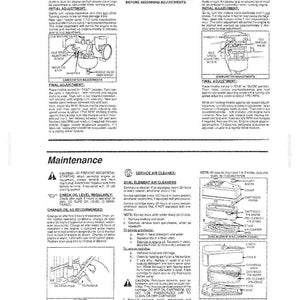 May include: A technical manual page titled Adjustments and Maintenance featuring black and white diagrams of a carburetor and air cleaner assembly. The text provides instructions for engine tuning, oil changes, and cleaning dual element air cleaners.