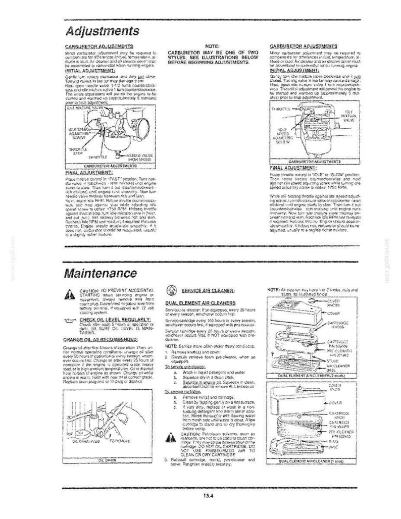 May include: A technical manual page titled Adjustments and Maintenance featuring black and white diagrams of a carburetor and air cleaner assembly. The text provides instructions for engine tuning, oil changes, and cleaning dual element air cleaners.