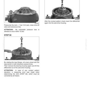 May include: A technical manual page titled 6004-30 Leakage test of lock, featuring three black and white diagrams of a mechanical differential assembly. The images show steps 49, 50, and 51, illustrating the pressurization process, rotation, and reinsertion into the axle drive housing.