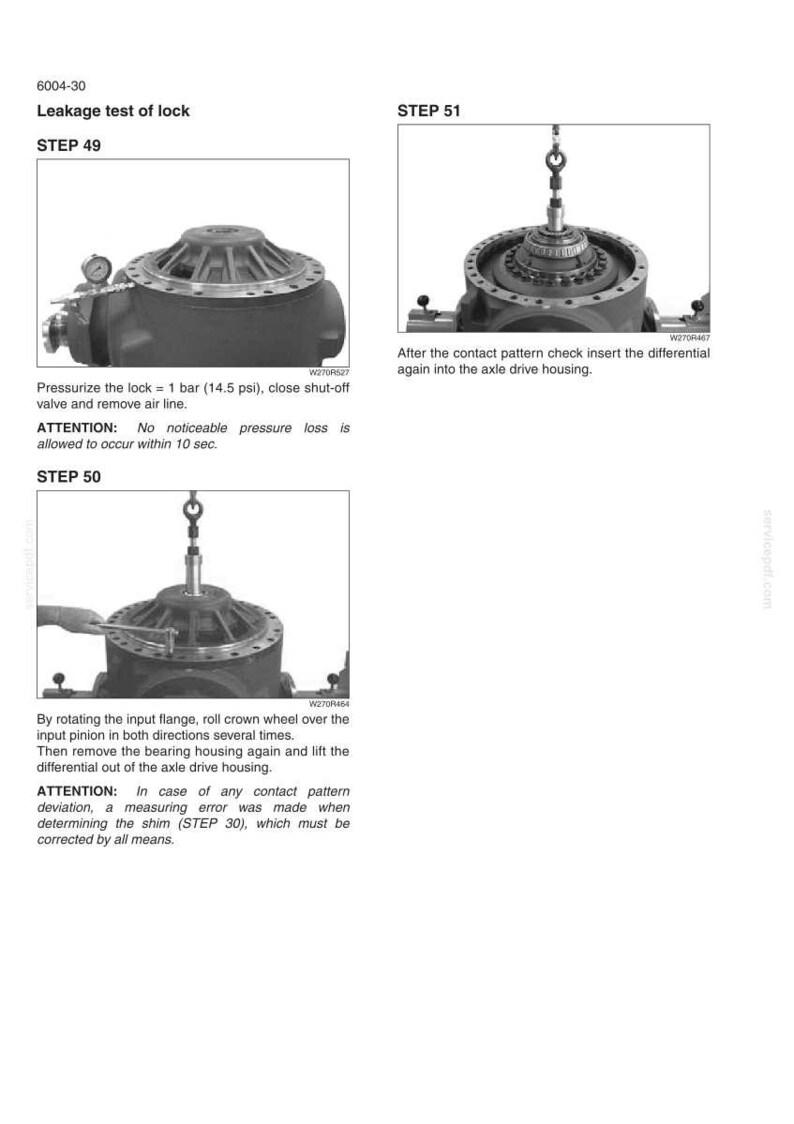 May include: A technical manual page titled 6004-30 Leakage test of lock, featuring three black and white diagrams of a mechanical differential assembly. The images show steps 49, 50, and 51, illustrating the pressurization process, rotation, and reinsertion into the axle drive housing.