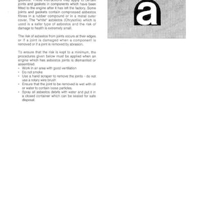 May include: A printed page with the title "Asbestos joints" and safety instructions. The text explains asbestos risks and safety procedures. A black square with a white "a" is in the upper right corner.