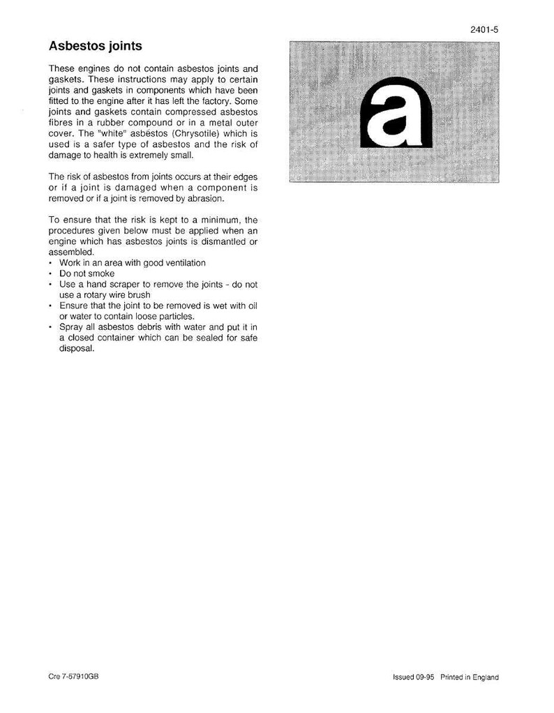 May include: A printed page with the title "Asbestos joints" and safety instructions. The text explains asbestos risks and safety procedures. A black square with a white "a" is in the upper right corner.
