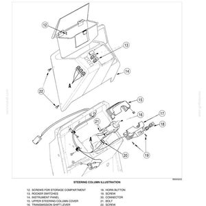 May include: An exploded diagram of a machine's steering column, with labels for various components like rocker switches, instrument panel, and wiring harness. The illustration includes screws, bolts, and covers, providing a detailed view for assembly or repair.