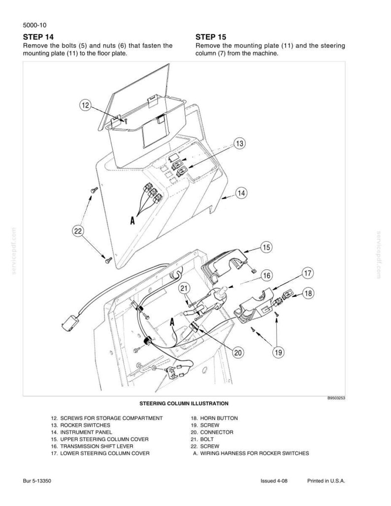 May include: An exploded diagram of a machine's steering column, with labels for various components like rocker switches, instrument panel, and wiring harness. The illustration includes screws, bolts, and covers, providing a detailed view for assembly or repair.