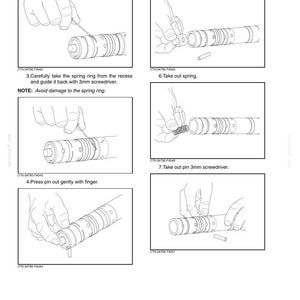Puede incluir: Diagrama de un proceso de desmontaje del sistema de direcci&oacute;n. La imagen muestra una serie de pasos con ilustraciones e instrucciones, incluyendo la extracci&oacute;n de un anillo de resorte, un tap&oacute;n y un pasador. El texto incluye advertencias para evitar da&ntilde;ar el anillo de resorte.