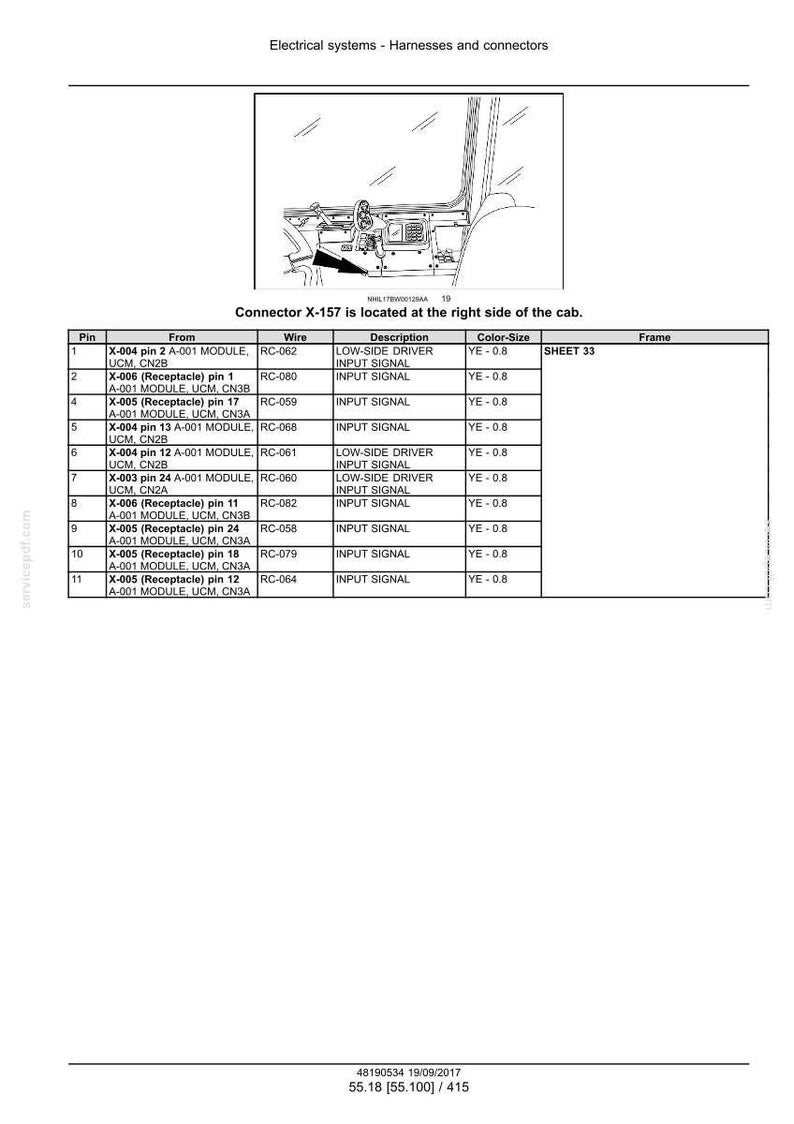 May include: Diagram of electrical systems, harnesses, and connectors. The image includes a table with pin numbers, descriptions, and wire details. A diagram of a vehicle's interior is also present, with the text "Connector X-157 is located at the right side of the cab."