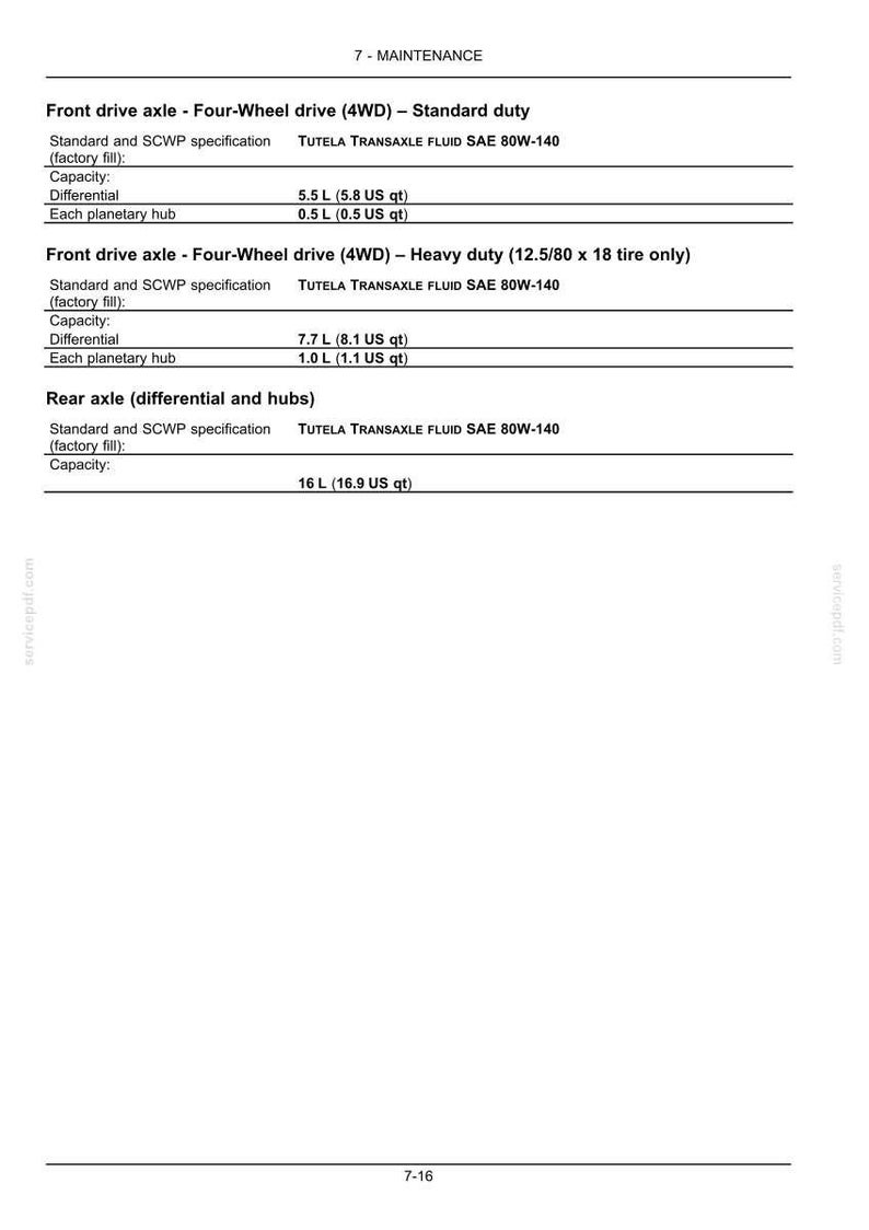 May include: A page from a maintenance manual detailing specifications for front and rear axles. Includes fluid type, capacity in liters and US quarts, and other technical data for standard and heavy-duty four-wheel drive systems.