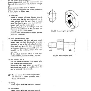 May include: A technical document page titled 3.3 INSPECTION BEFORE ASSEMBLY containing text instructions and two diagrams labeled Fig. 13 Measuring the gear plate and Fig. 14 Measuring the gear, detailing maintenance procedures for mechanical pump components.