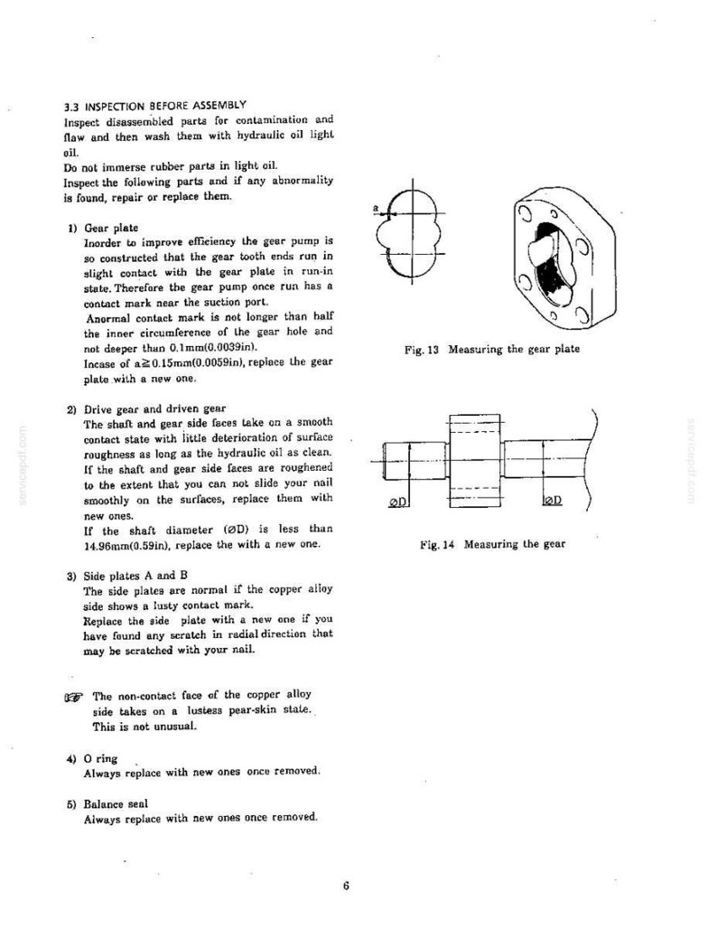 May include: A technical document page titled 3.3 INSPECTION BEFORE ASSEMBLY containing text instructions and two diagrams labeled Fig. 13 Measuring the gear plate and Fig. 14 Measuring the gear, detailing maintenance procedures for mechanical pump components.