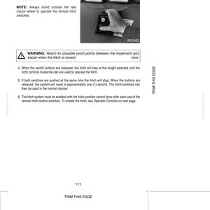 May include: A black and white instructional page titled FIELD OPERATION, featuring a photograph of a hand operating a remote hitch switch. The text provides numbered steps for hitch control, safety warnings regarding pinch points, and operational notes.