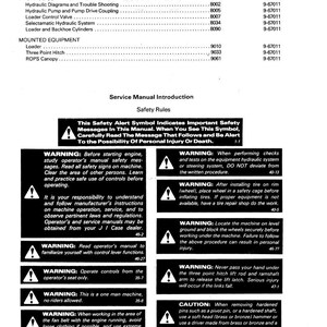 May include: A service manual page with safety warnings and instructions. The manual includes sections on hydraulics and mounted equipment, with safety alerts emphasizing personal injury prevention.