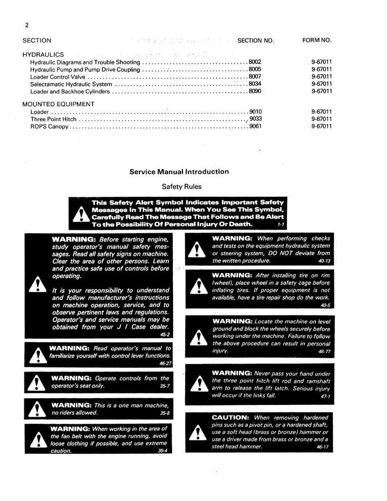 May include: A service manual page with safety warnings and instructions. The manual includes sections on hydraulics and mounted equipment, with safety alerts emphasizing personal injury prevention.