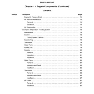 Pode incluir: Uma p&aacute;gina de manual intitulada "SECTION 10 - ENGINE" com uma lista de conte&uacute;dos para componentes do motor. A lista inclui itens como "Engine Oil Pressure Check" e "Water Pump", com n&uacute;meros de p&aacute;gina.