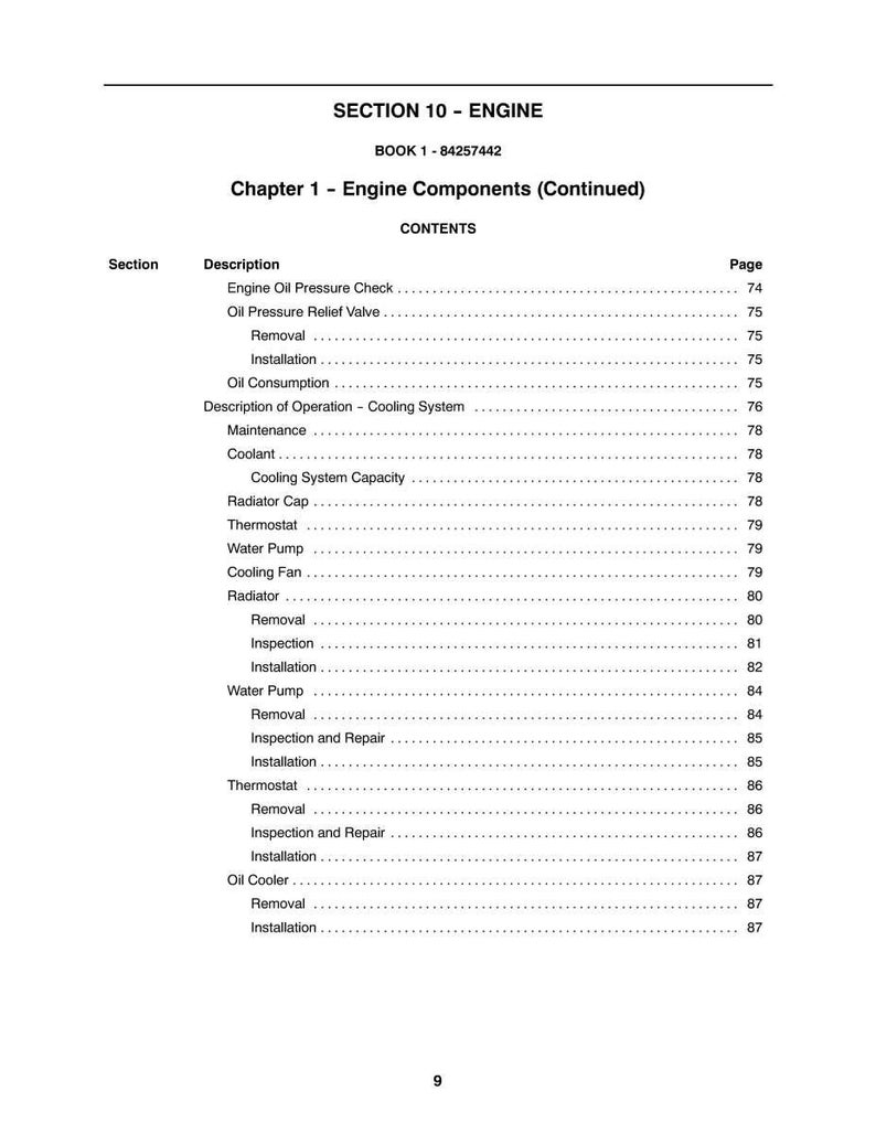 Pode incluir: Uma p&aacute;gina de manual intitulada "SECTION 10 - ENGINE" com uma lista de conte&uacute;dos para componentes do motor. A lista inclui itens como "Engine Oil Pressure Check" e "Water Pump", com n&uacute;meros de p&aacute;gina.