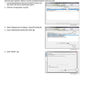 Puede incluir: Un documento t&eacute;cnico que detalla la configuraci&oacute;n del catalizador y el silenciador de reducci&oacute;n catal&iacute;tica selectiva (SCR). El documento incluye instrucciones para restablecer los datos de la ECU, con pasos numerados y capturas de pantalla.