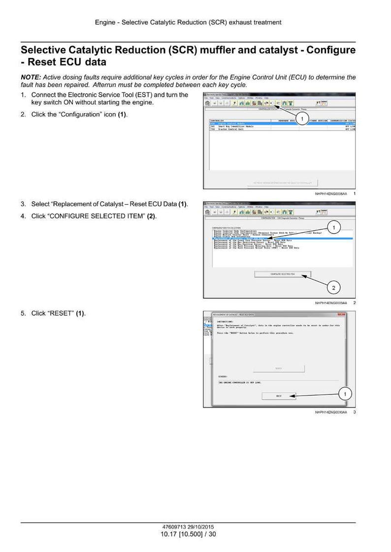 Puede incluir: Un documento t&eacute;cnico que detalla la configuraci&oacute;n del catalizador y el silenciador de reducci&oacute;n catal&iacute;tica selectiva (SCR). El documento incluye instrucciones para restablecer los datos de la ECU, con pasos numerados y capturas de pantalla.
