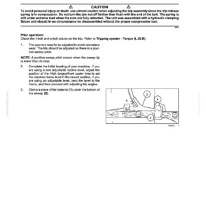 May include: A technical document page titled Field Processing - Soil Preparation Tillage, featuring instructions for Tripping system - Angle adjust SWEEP PITCH ADJUSTMENT, including a caution warning and a line drawing diagram labeled with numbers 1 through 4.