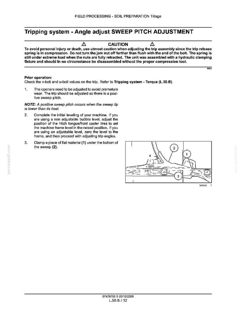 May include: A technical document page titled Field Processing - Soil Preparation Tillage, featuring instructions for Tripping system - Angle adjust SWEEP PITCH ADJUSTMENT, including a caution warning and a line drawing diagram labeled with numbers 1 through 4.