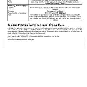 May include: A technical document detailing auxiliary hydraulic valves and lines, including general specifications and special tools. The document includes information on filters, pumps, and valve settings, with pressure relief settings ranging from 2697 to 2769 psi.