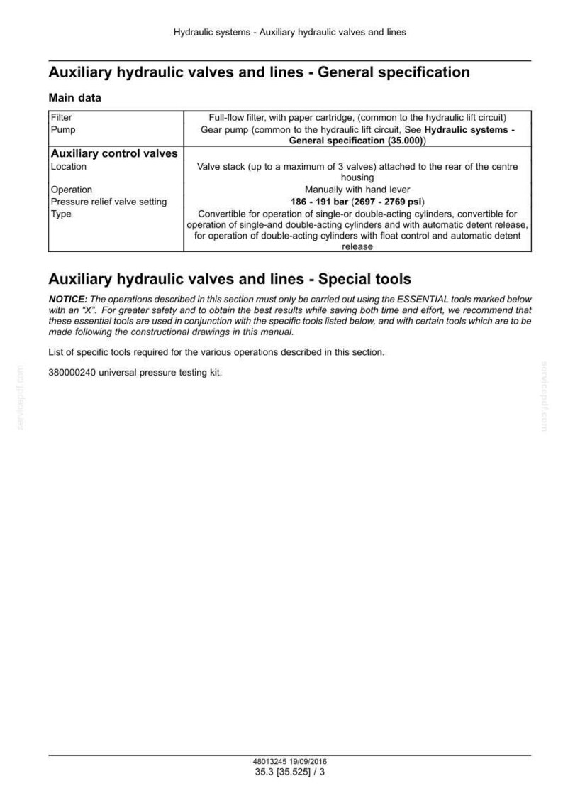 May include: A technical document detailing auxiliary hydraulic valves and lines, including general specifications and special tools. The document includes information on filters, pumps, and valve settings, with pressure relief settings ranging from 2697 to 2769 psi.