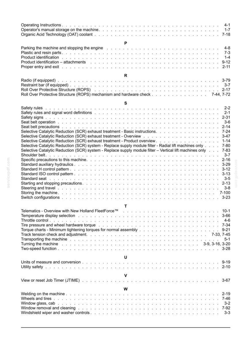 May include: A black and white index page from a technical manual, listing topics alphabetically from Operating Instructions to Windshield wiper and washer controls, with corresponding page numbers for each entry on the right side.