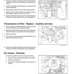 May include: A technical maintenance page titled 7-MAINTENANCE featuring instructions for replacing lift oil filters, transmission oil filters, and cleaning the air cleaner. Includes three black and white line drawings of engine components.