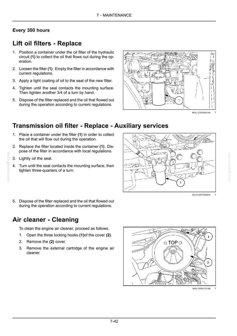 May include: A technical maintenance page titled 7-MAINTENANCE featuring instructions for replacing lift oil filters, transmission oil filters, and cleaning the air cleaner. Includes three black and white line drawings of engine components.