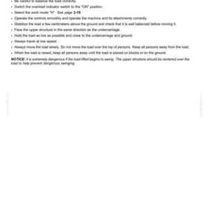 May include: A white document page titled 4 - OPERATING INSTRUCTIONS containing a list of safety guidelines for a lifting device. The text includes instructions on load balancing, overload switches, work modes, and safety precautions for moving loads.