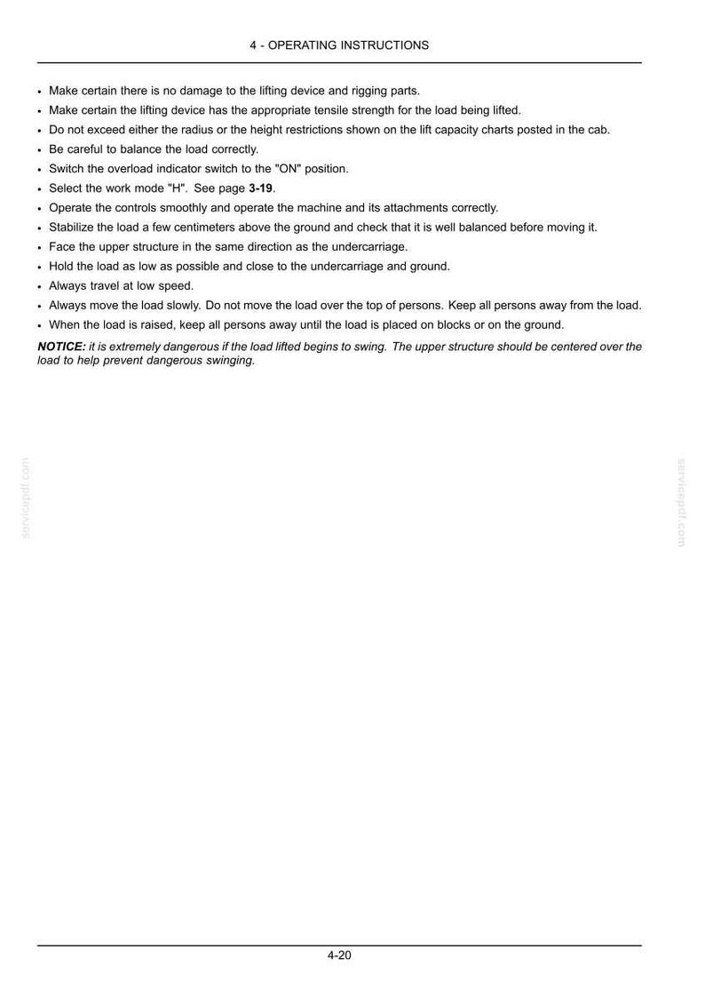 May include: A white document page titled 4 - OPERATING INSTRUCTIONS containing a list of safety guidelines for a lifting device. The text includes instructions on load balancing, overload switches, work modes, and safety precautions for moving loads.
