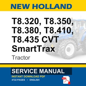 Op de afbeelding: Een blauw-witte New Holland tractor is afgebeeld. De tekst bevat de modelnummers T8.320, T8.350, T8.380, T8.410 en T8.435 CVT SmartTrax. De woorden "SERVICE MANUAL" en "INSTANT DOWNLOAD PDF" zijn ook zichtbaar.