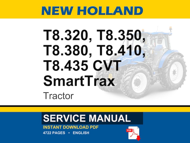 Op de afbeelding: Een blauw-witte New Holland tractor is afgebeeld. De tekst bevat de modelnummers T8.320, T8.350, T8.380, T8.410 en T8.435 CVT SmartTrax. De woorden "SERVICE MANUAL" en "INSTANT DOWNLOAD PDF" zijn ook zichtbaar.