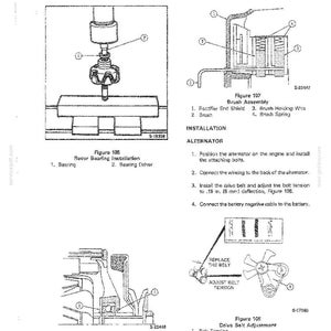 May include: A black and white technical diagram from a manual, detailing alternator installation and bearing assembly. Includes figures for rotor bearing installation and drive belt adjustment, with measurements in inches and millimeters.